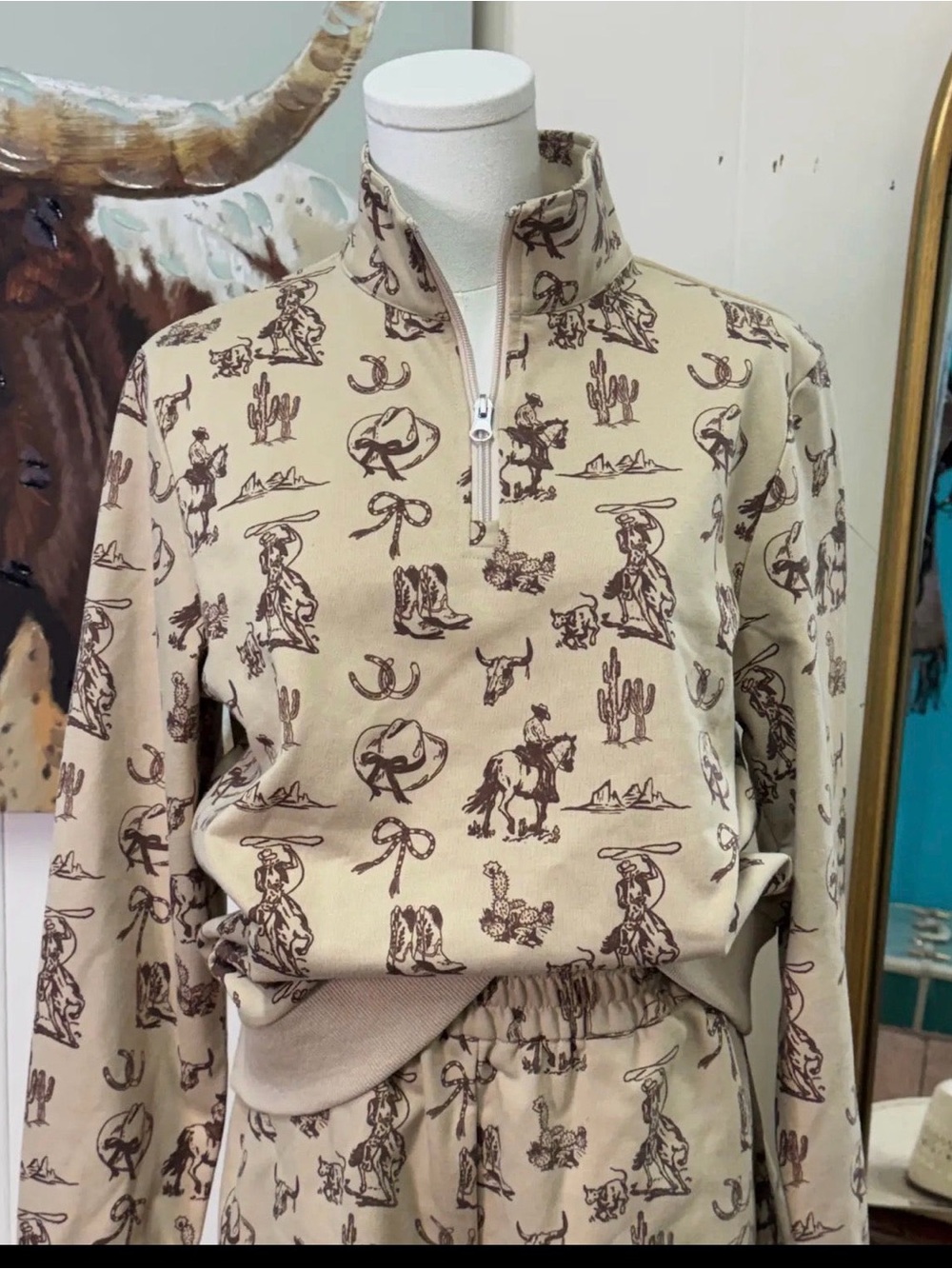 Western Print Quarter-Zip Pullover in Beige and matching shorts set
